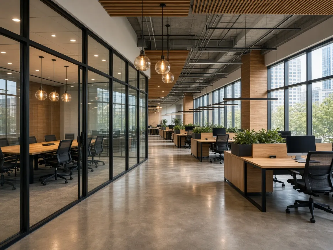 Renovated modern office with glass conference room and open workstations