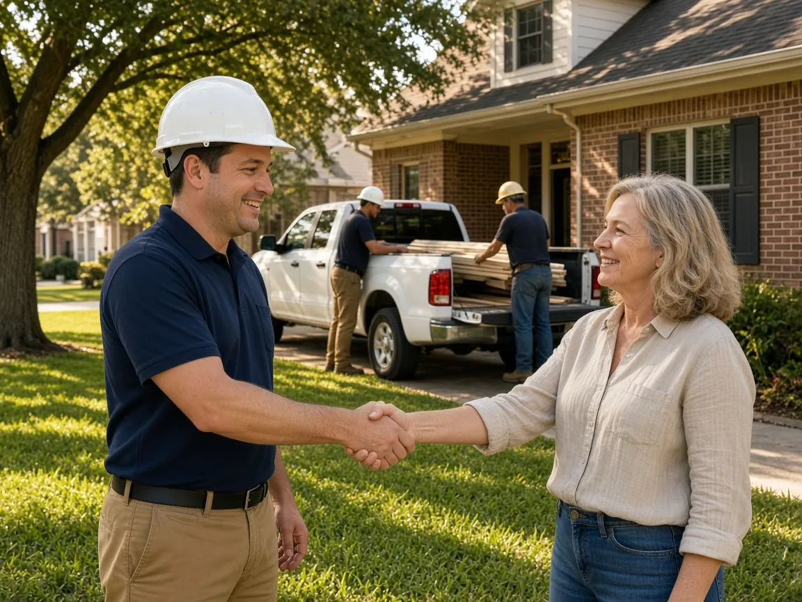 Houston Rebuilders project manager greeting a homeowner while the crew unloads materials