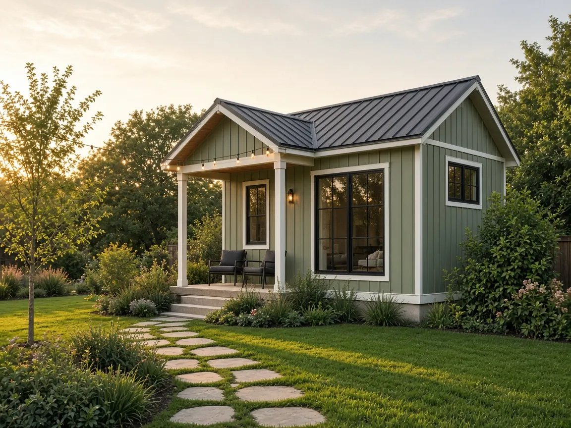 Newly built tiny home with a covered porch and metal roof in a landscaped backyard